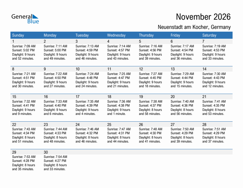 Neuenstadt am Kocher November 2026 sunrise and sunset calendar in PDF, Excel, and Word