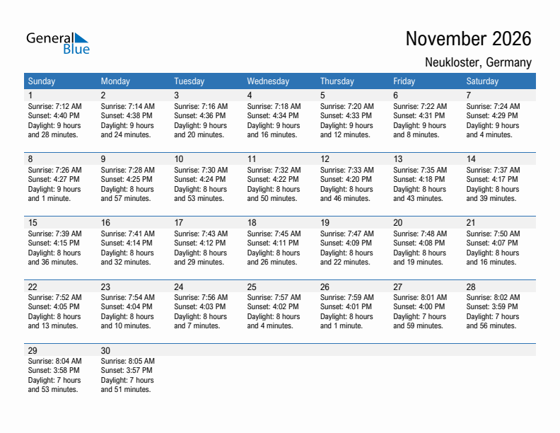 Neukloster November 2026 sunrise and sunset calendar in PDF, Excel, and Word