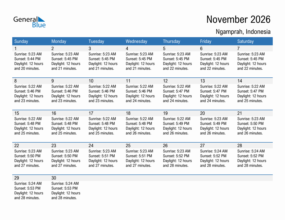 November 2026 sunrise and sunset calendar for Ngamprah
