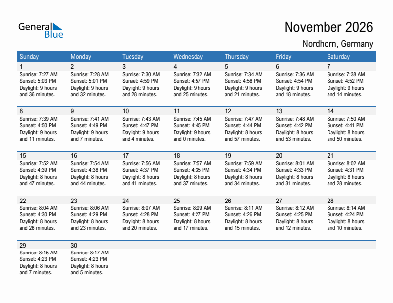 Nordhorn November 2026 sunrise and sunset calendar in PDF, Excel, and Word