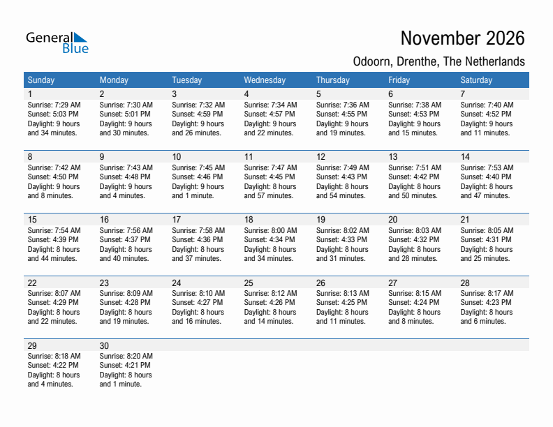 Odoorn November 2026 sunrise and sunset calendar in PDF, Excel, and Word