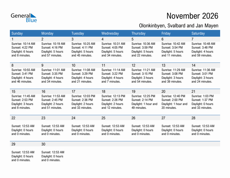Olonkinbyen November 2026 sunrise and sunset calendar in PDF, Excel, and Word