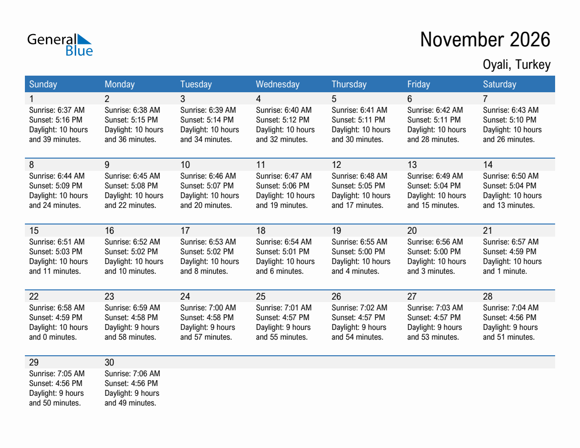 November 2026 sunrise and sunset calendar for Oyali
