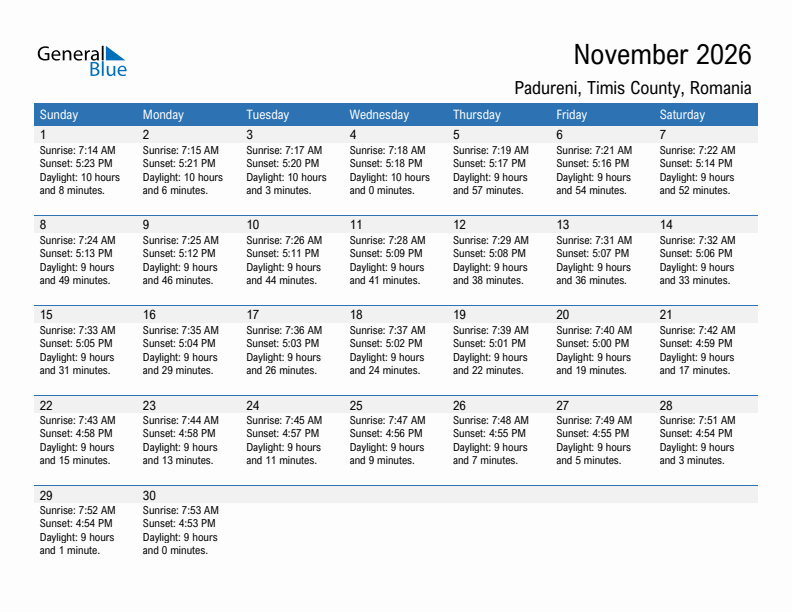 Padureni November 2026 sunrise and sunset calendar in PDF, Excel, and Word