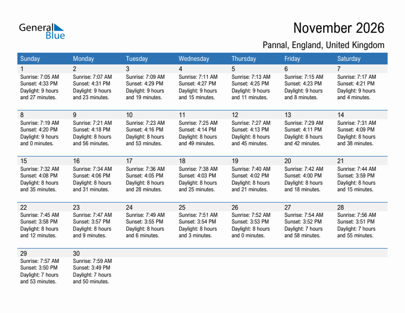 Pannal November 2026 sunrise and sunset calendar in PDF, Excel, and Word