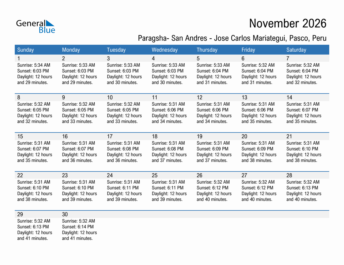 November 2026 sunrise and sunset calendar for Paragsha- San Andres - Jose Carlos Mariategui