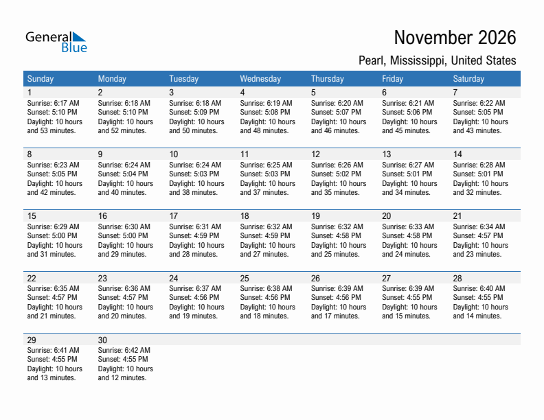 Pearl November 2026 sunrise and sunset calendar in PDF, Excel, and Word