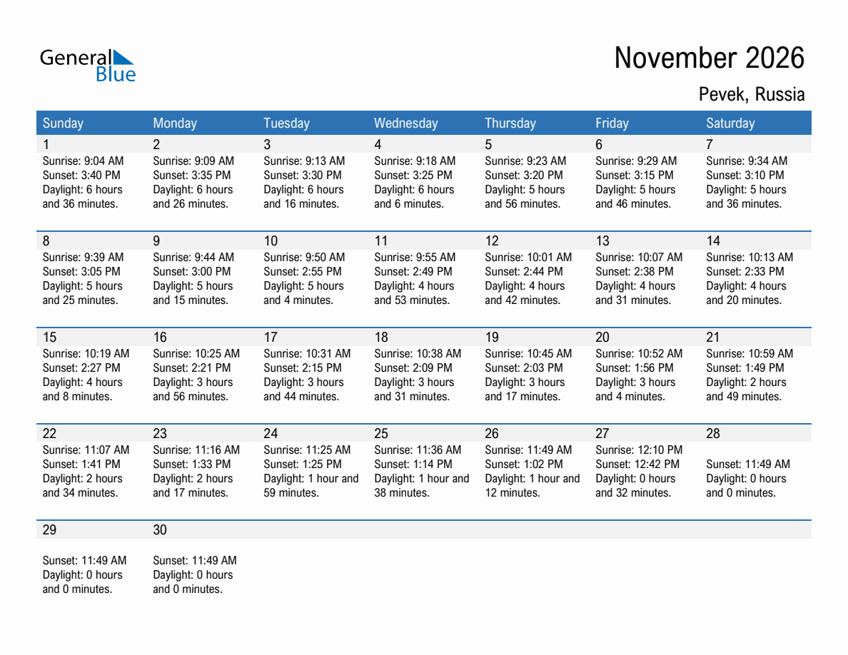November 2026 sunrise and sunset calendar for Pevek