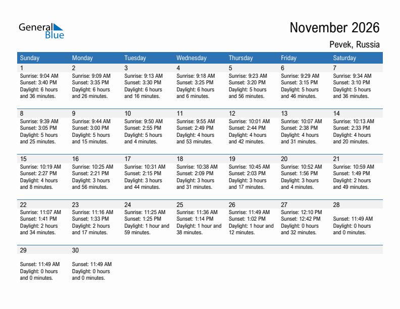 Pevek November 2026 sunrise and sunset calendar in PDF, Excel, and Word