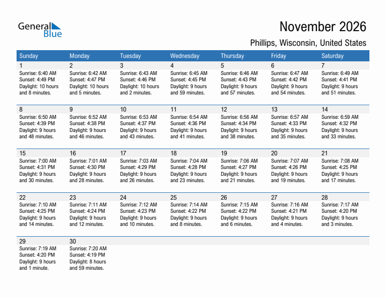 Phillips November 2026 sunrise and sunset calendar in PDF, Excel, and Word