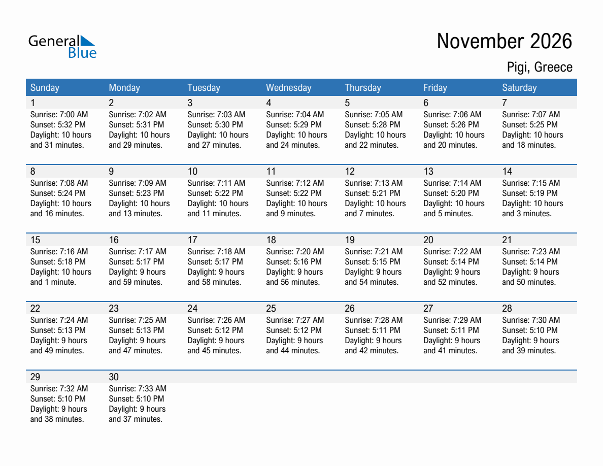 November 2026 sunrise and sunset calendar for Pigi