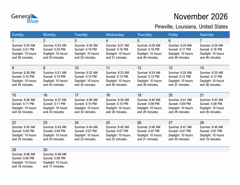 Pineville November 2026 sunrise and sunset calendar in PDF, Excel, and Word