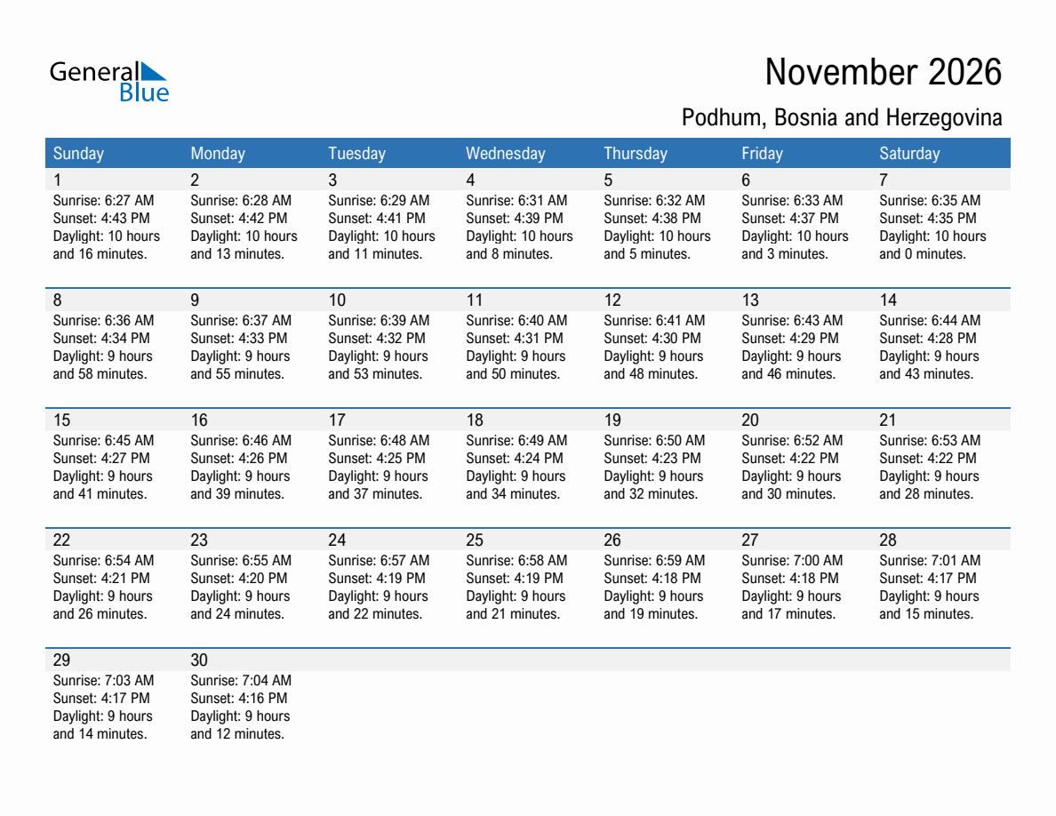 November 2026 sunrise and sunset calendar for Podhum