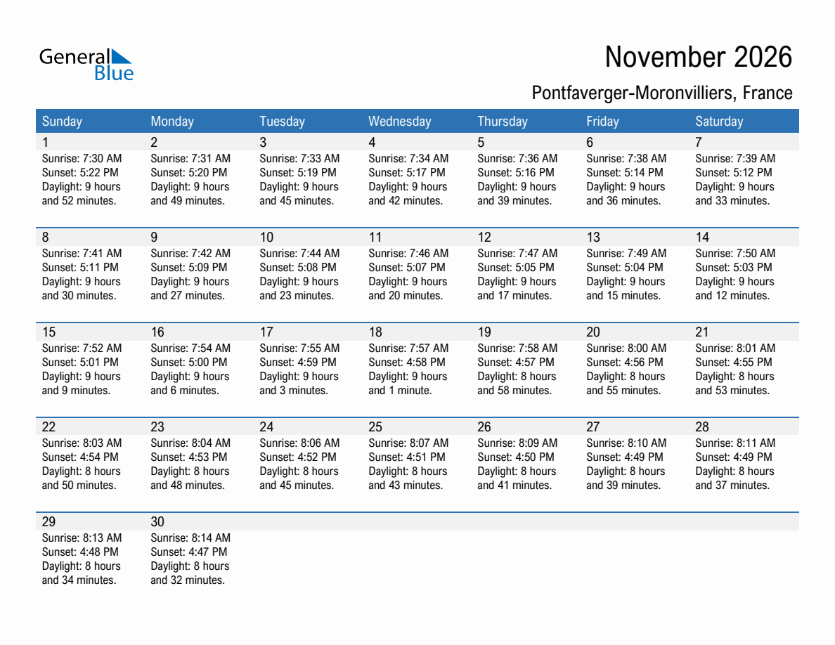 November 2026 sunrise and sunset calendar for Pontfaverger-Moronvilliers