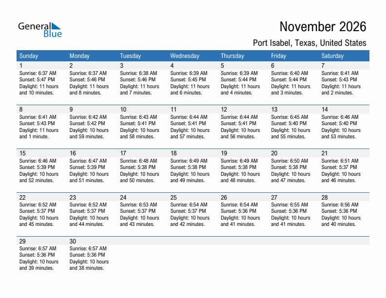 Port Isabel November 2026 sunrise and sunset calendar in PDF, Excel, and Word