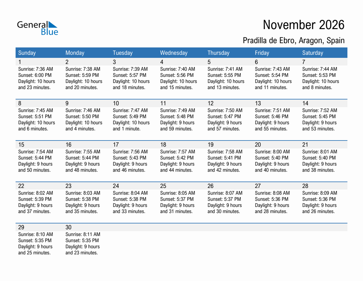 November 2026 sunrise and sunset calendar for Pradilla de Ebro