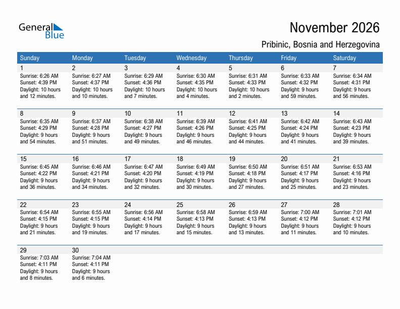 Pribinic November 2026 sunrise and sunset calendar in PDF, Excel, and Word