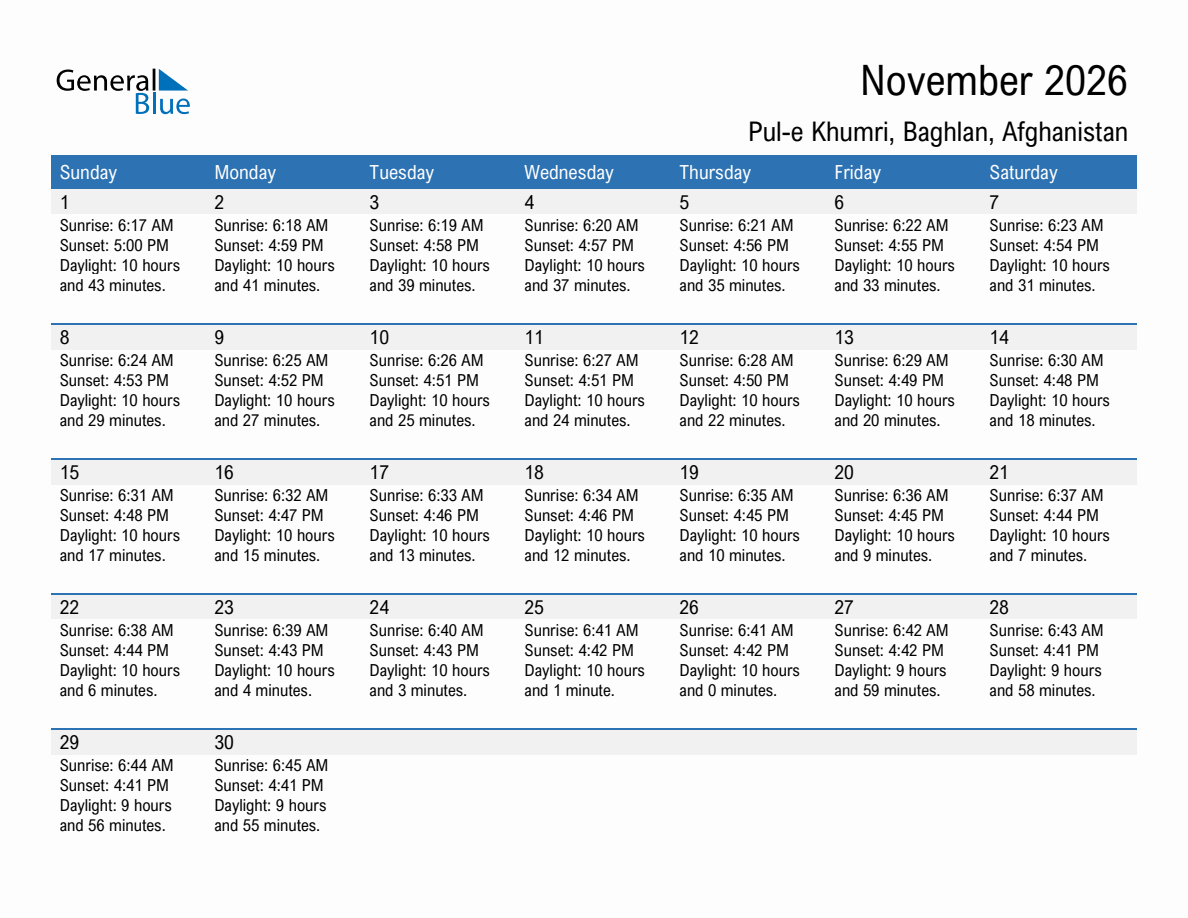 November 2026 sunrise and sunset calendar for Pul-e Khumri
