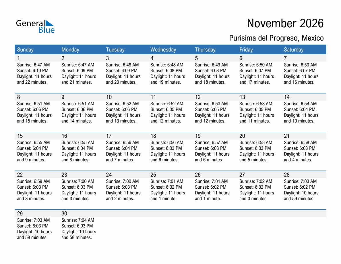 November 2026 sunrise and sunset calendar for Purisima del Progreso