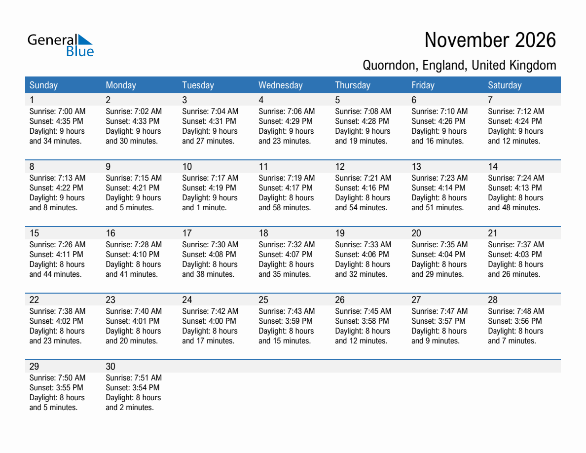 November 2026 sunrise and sunset calendar for Quorndon