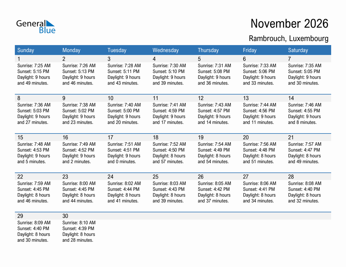 November 2026 sunrise and sunset calendar for Rambrouch