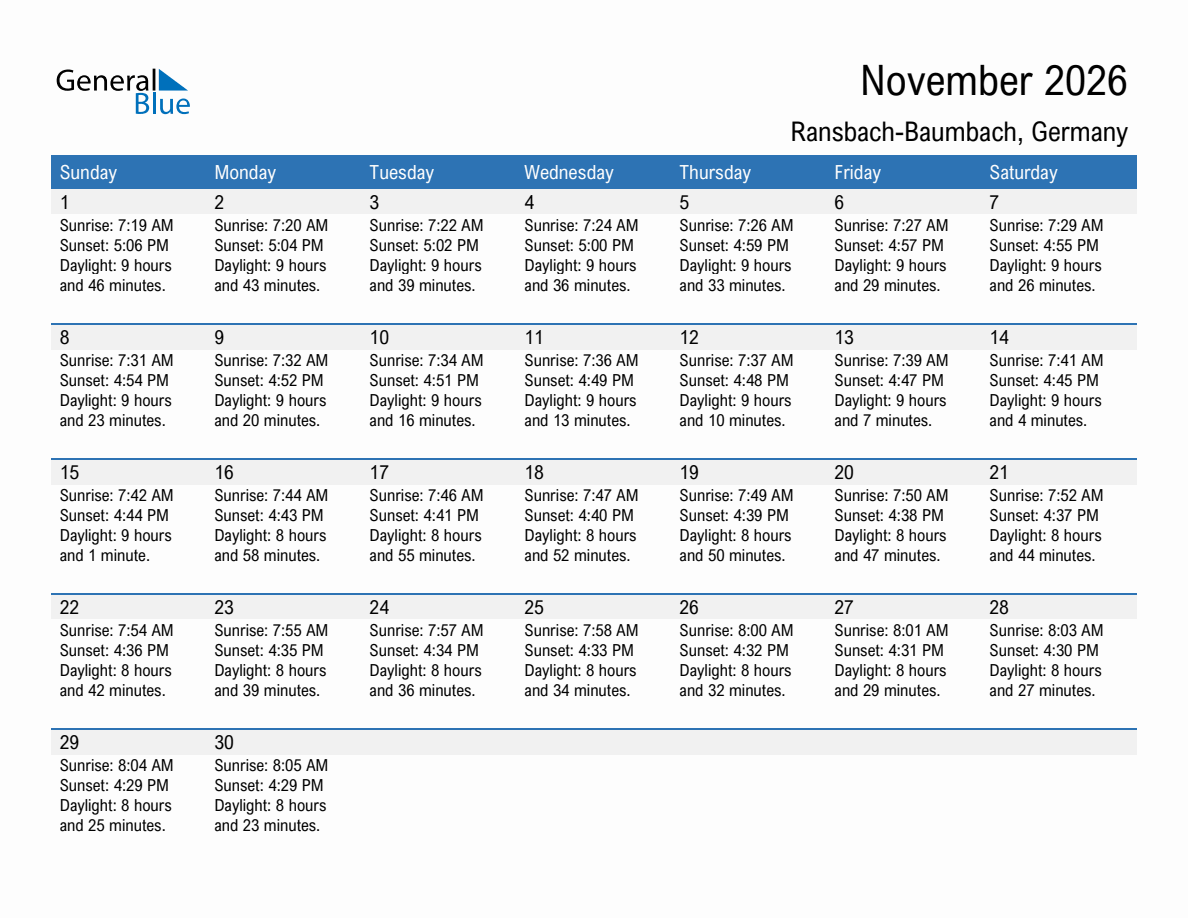 November 2026 sunrise and sunset calendar for Ransbach-Baumbach