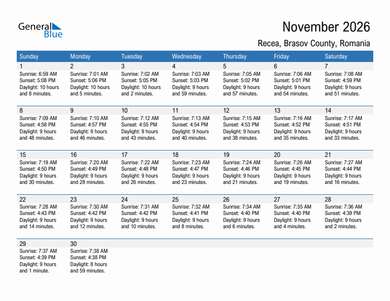 Recea November 2026 sunrise and sunset calendar in PDF, Excel, and Word