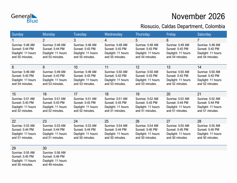 Riosucio November 2026 sunrise and sunset calendar in PDF, Excel, and Word