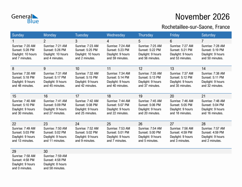 Rochetaillee-sur-Saone November 2026 sunrise and sunset calendar in PDF, Excel, and Word