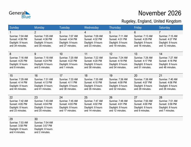 Rugeley November 2026 sunrise and sunset calendar in PDF, Excel, and Word
