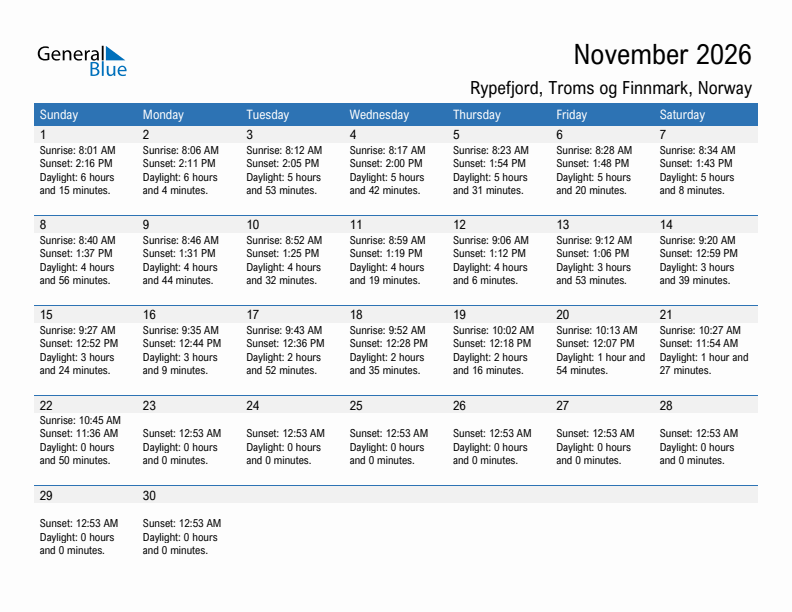 Rypefjord November 2026 sunrise and sunset calendar in PDF, Excel, and Word