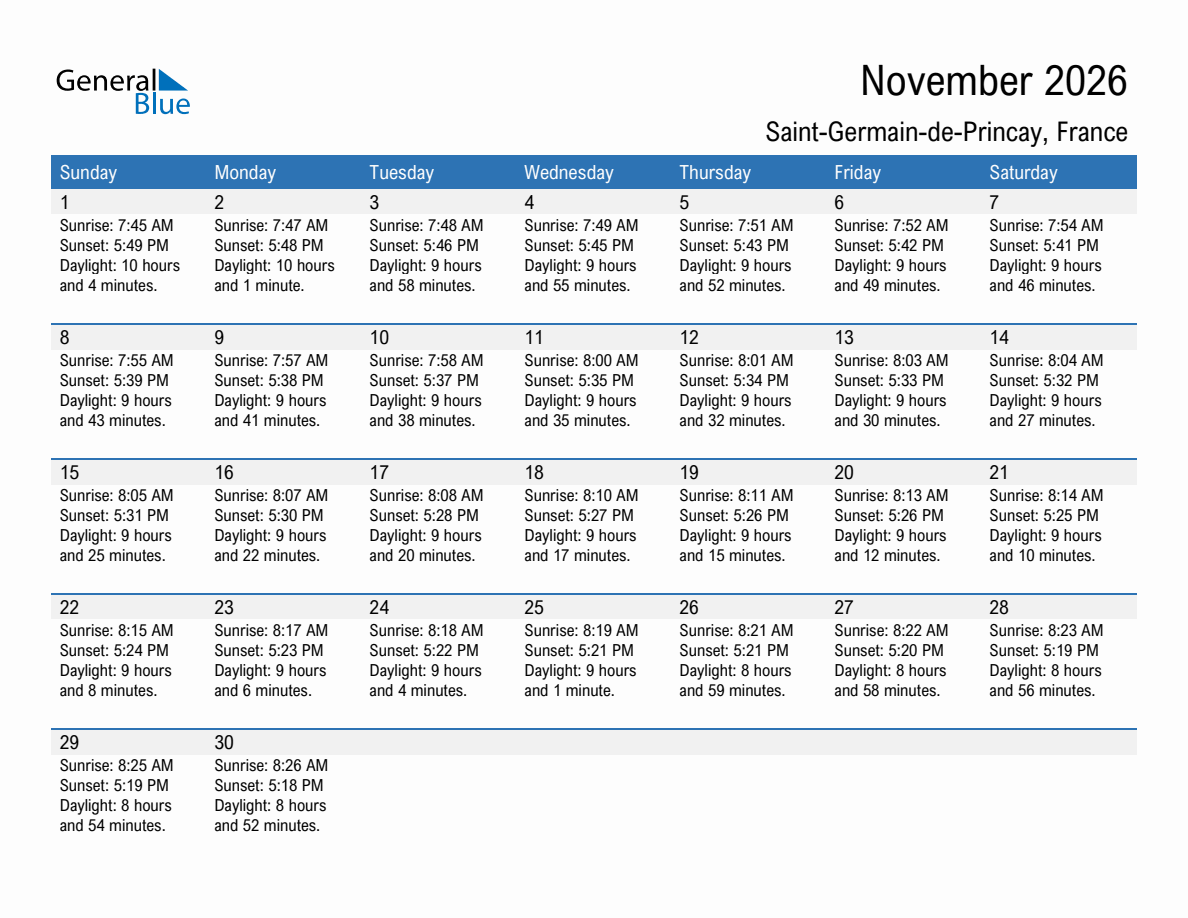 November 2026 sunrise and sunset calendar for Saint-Germain-de-Princay