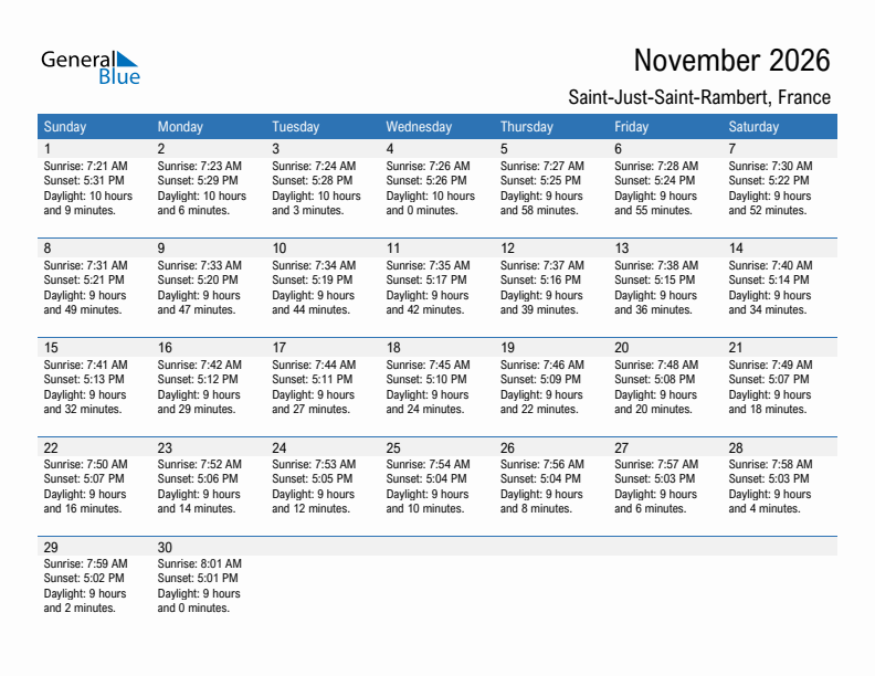 Saint-Just-Saint-Rambert November 2026 sunrise and sunset calendar in PDF, Excel, and Word