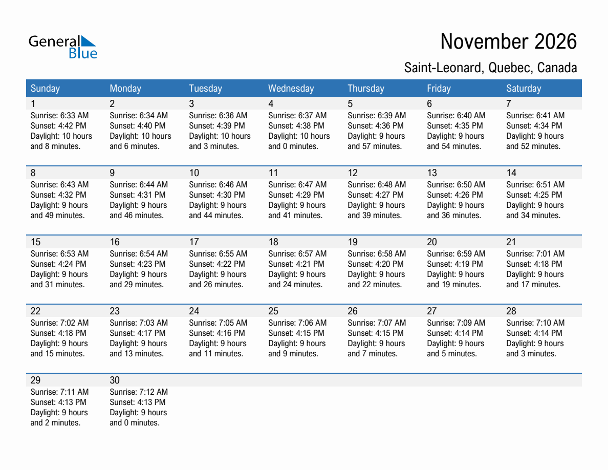 November 2026 sunrise and sunset calendar for Saint-Leonard