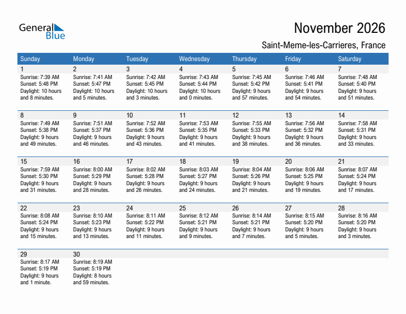 Saint-Meme-les-Carrieres November 2026 sunrise and sunset calendar in PDF, Excel, and Word