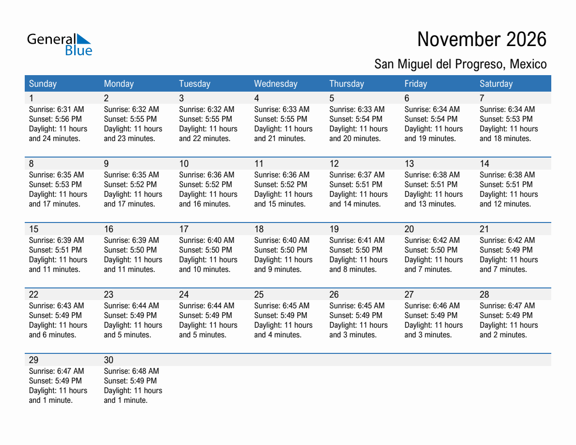 November 2026 sunrise and sunset calendar for San Miguel del Progreso