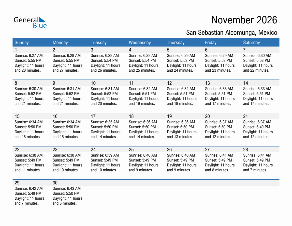 November 2026 sunrise and sunset calendar for San Sebastian Alcomunga