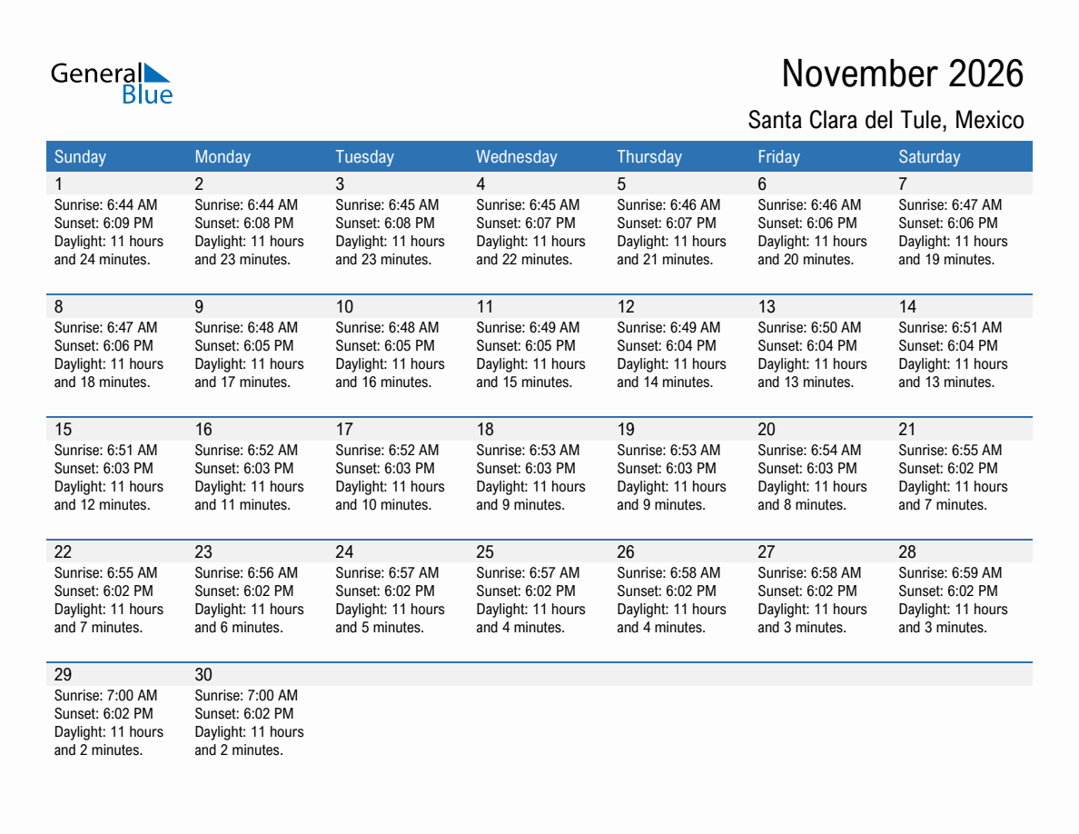 November 2026 sunrise and sunset calendar for Santa Clara del Tule