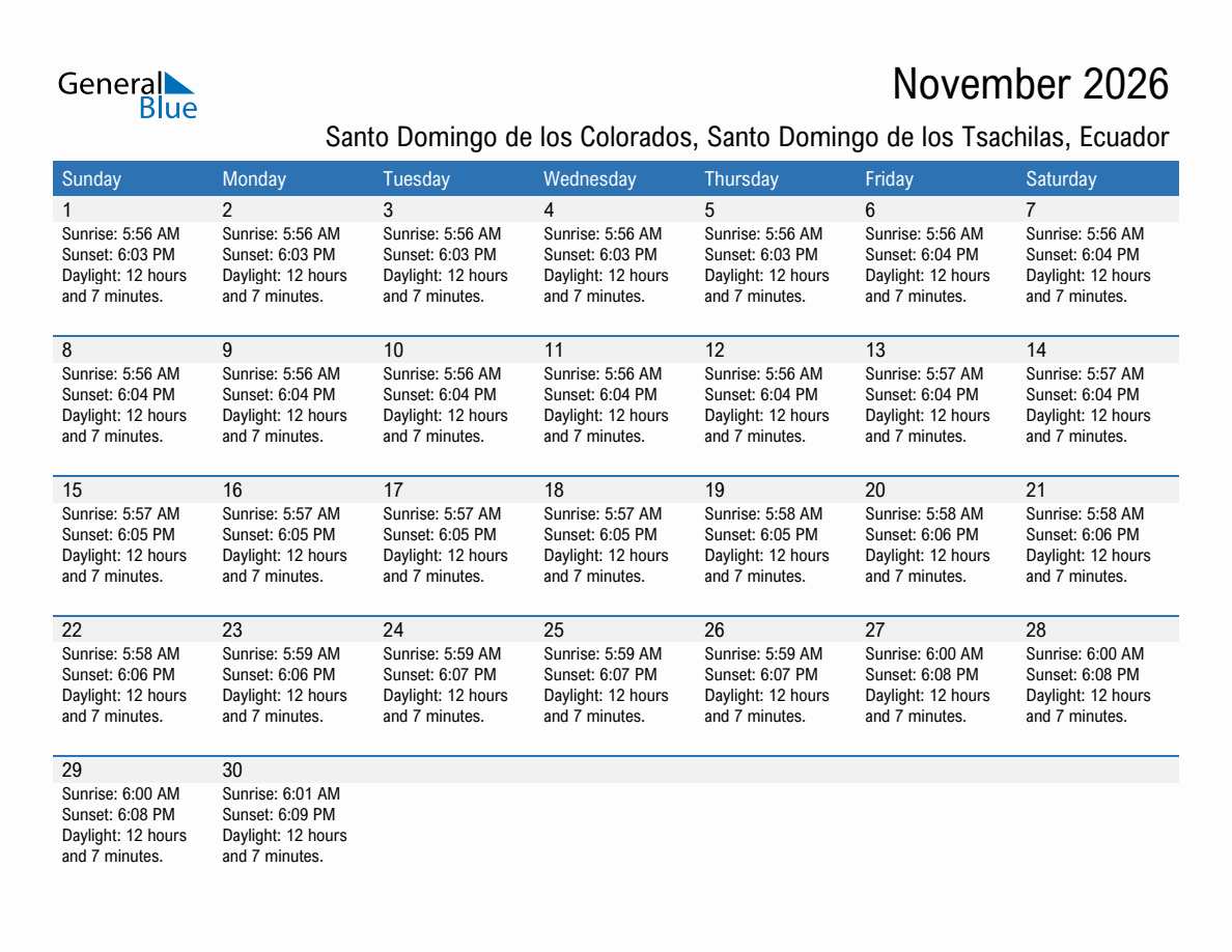 November 2026 sunrise and sunset calendar for Santo Domingo de los Colorados