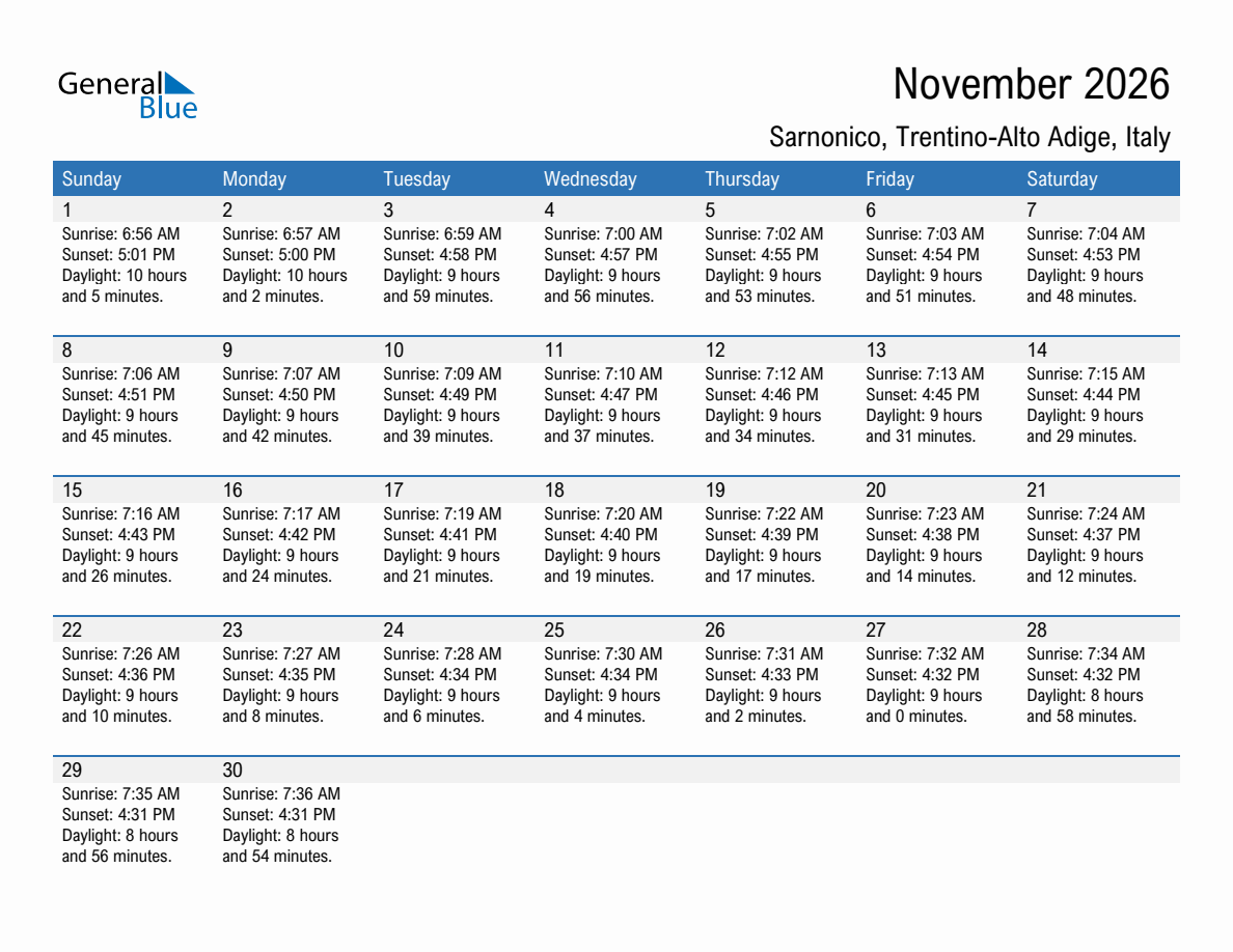 November 2026 sunrise and sunset calendar for Sarnonico