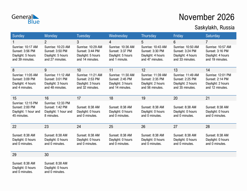 Saskylakh November 2026 sunrise and sunset calendar in PDF, Excel, and Word