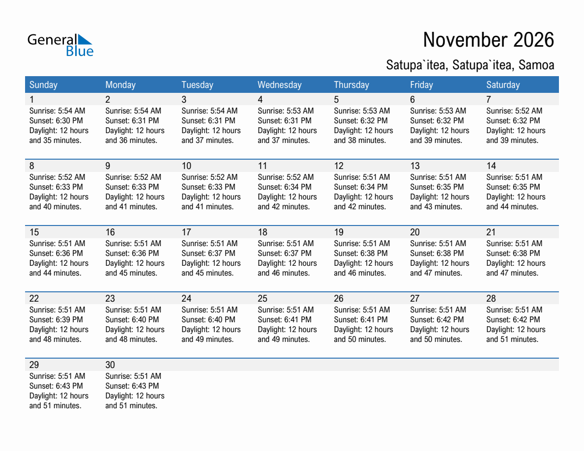 November 2026 sunrise and sunset calendar for Satupa`itea