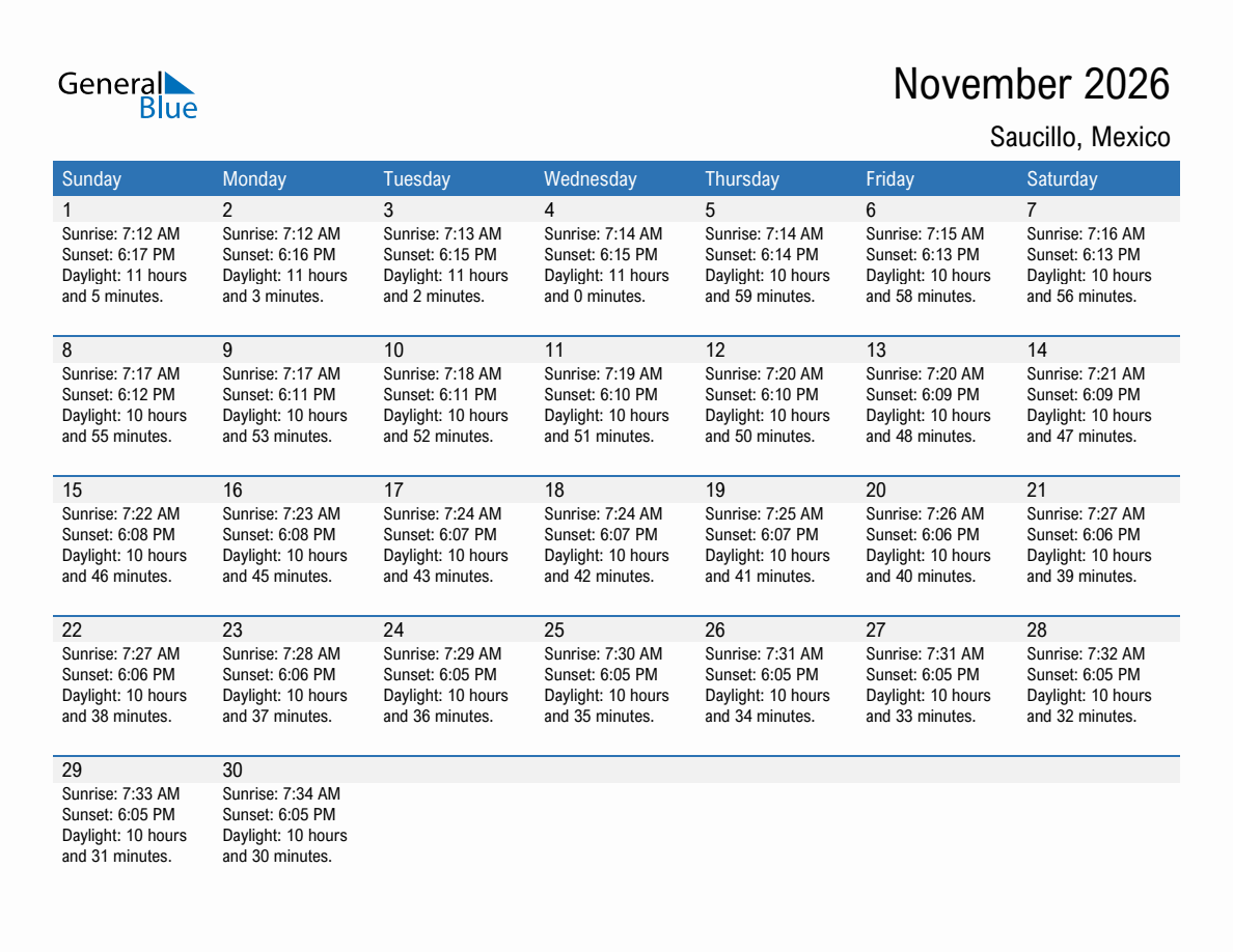 November 2026 sunrise and sunset calendar for Saucillo