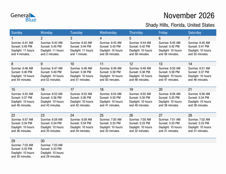 Shady Hills November 2026 sunrise and sunset calendar in PDF, Excel, and Word