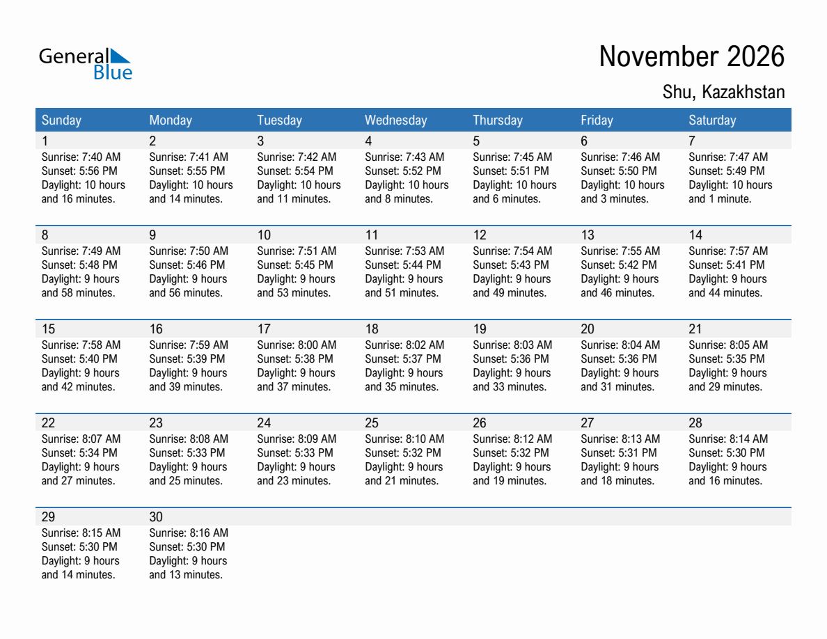 November 2026 sunrise and sunset calendar for Shu