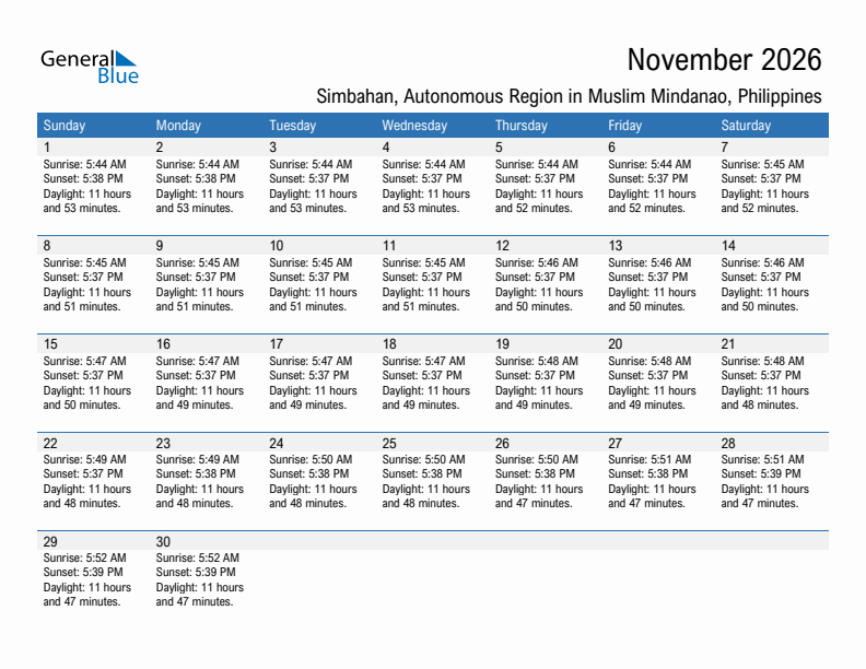 Simbahan November 2026 sunrise and sunset calendar in PDF, Excel, and Word