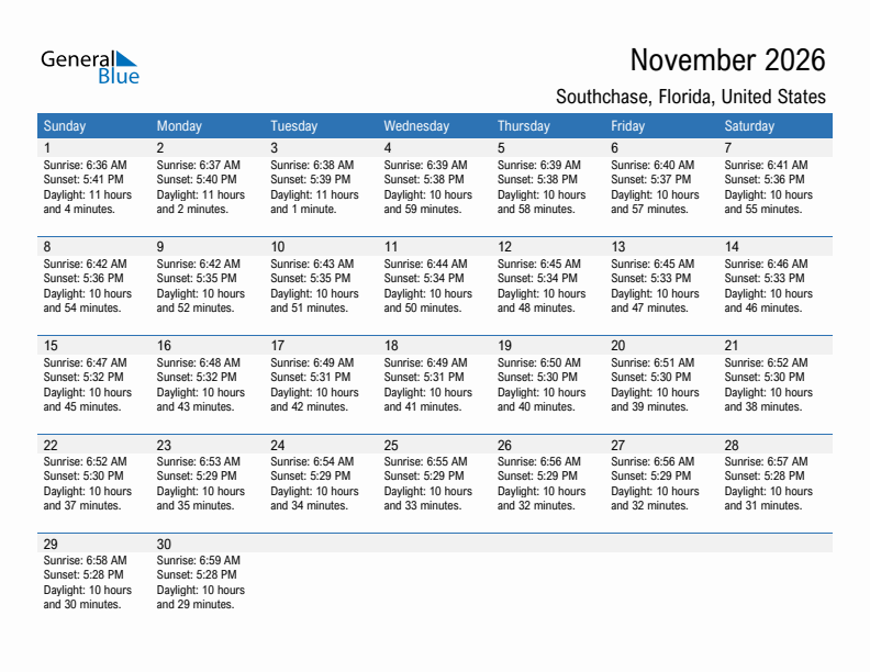 Southchase November 2026 sunrise and sunset calendar in PDF, Excel, and Word