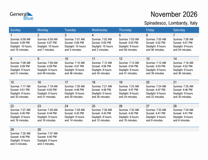 Spinadesco November 2026 sunrise and sunset calendar in PDF, Excel, and Word