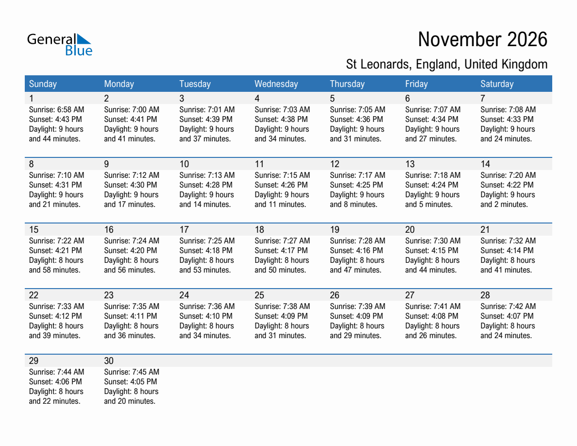 November 2026 sunrise and sunset calendar for St Leonards
