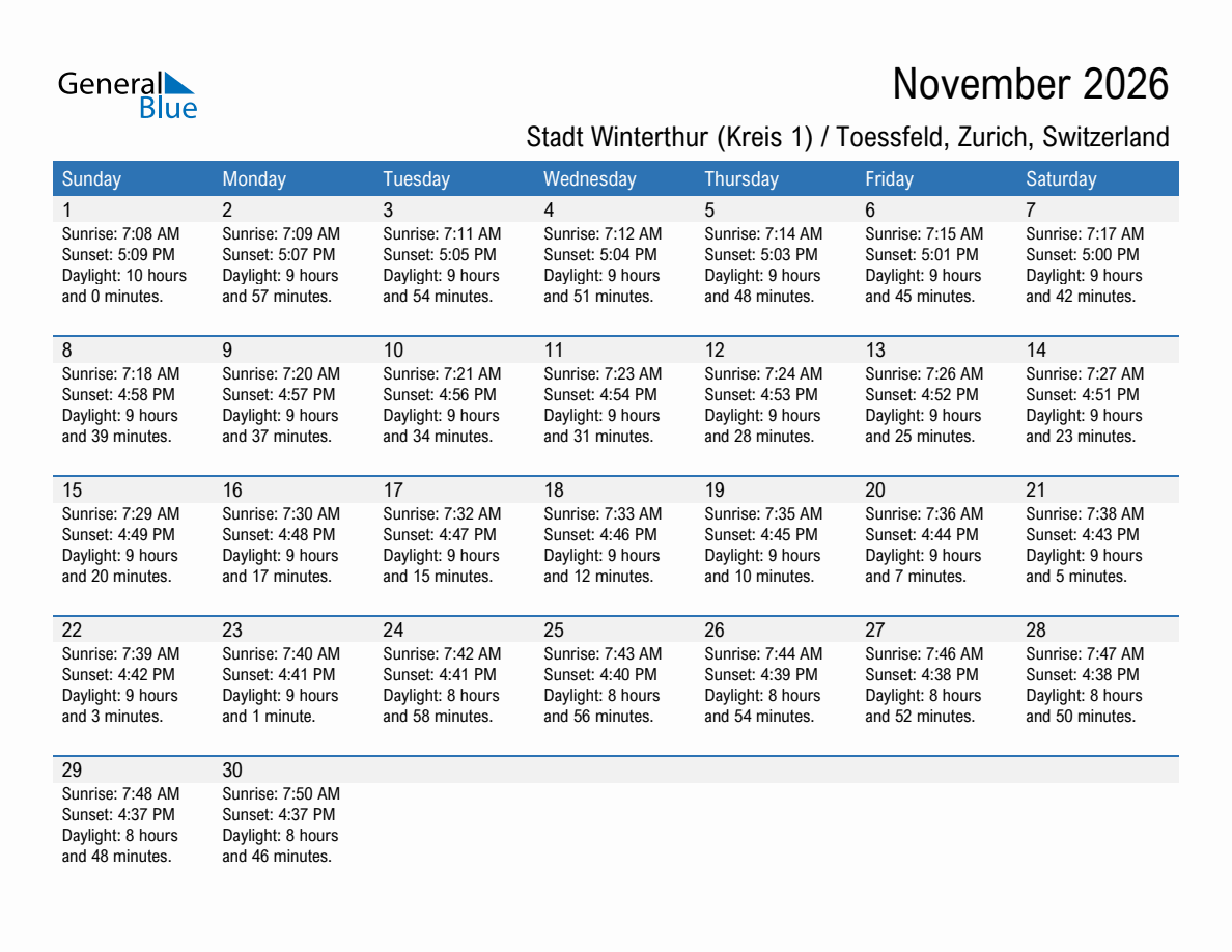 November 2026 sunrise and sunset calendar for Stadt Winterthur (Kreis 1) / Toessfeld